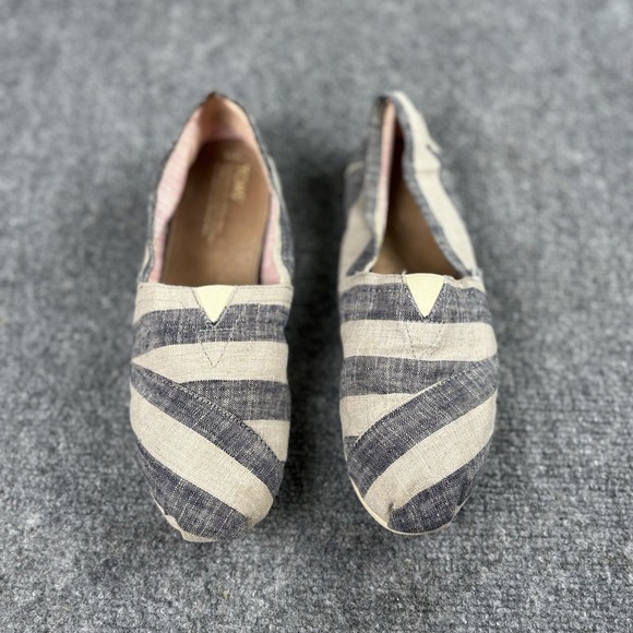 TOMS Classic Slip-On Flats Women‎ 10 Blue Cream Striped Canvas Boho Coastal - Picture 1 of 16